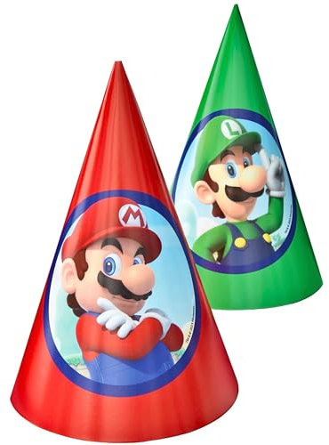 Vibrant Red & Green Super Mario Brothers Paper Cone Hats - 6 (Pack of 8) - Premium Quality - Perfect for Nintendo Fans & Celebrations