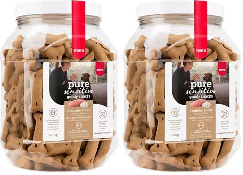 MERA Pure Sensitive Goody Snack, gesunde Leckerlis für Sensible Hunde, Hundeleckerli aus Truthahn und Reis, Hundesnack glutenfrei zum Training (600 g) (Packung mit 2)