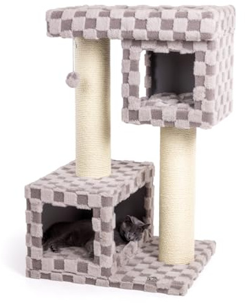 CanadianCat Company | Kratzbaum Clifton 107cm hoch Katzenbaum große Katzen stabil, Katzenkratzbaum, Katzen Kratzbrett, einzigartiges Karo-Plüschmuster, Katzenhöhle, Grau