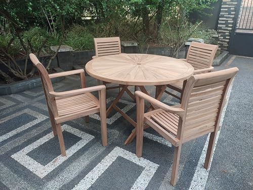 Emporium Furniture Outdoor Garden Furniture| Wooden Dining Table and Chairs| Quality Teak Wood 4 Seater Dining Sets| Balcony Bistro Patio Furniture (SunBurst Table + 4 Stacking Chairs Set)