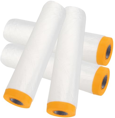 JEUIHAU 4 Rolls 2×20m Self Adhesive Plastic Dust Sheet Roll, Masking Film Roll with Orange Tape, Dust-Proof Painting Drop Film for Painting, Furniture, Decorating, Cabinet