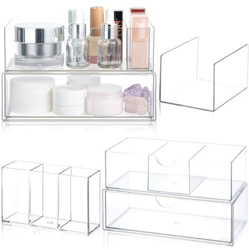 CroBlissful Medicine Cabinet Organizer 4 Tier Stackable Makeup Organizer Tray with 2 Drawers 2 Storage Box 1 Lip Gloss Holders and 1 Movable Partition for Bathroom Cabinet Wall Vanity