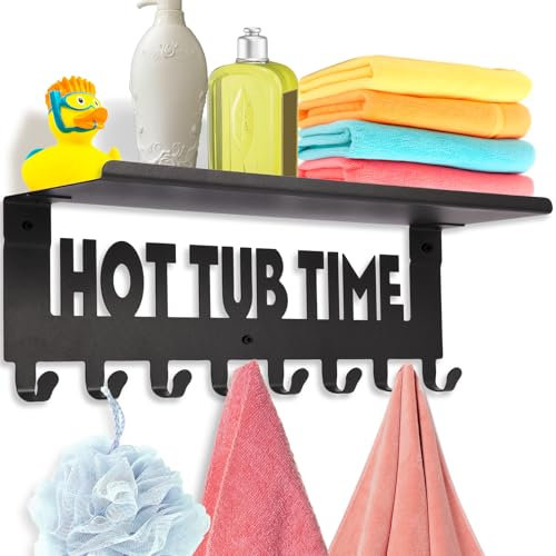 Kuhome Hot Tub Accessories Towel Rack with Shelf for Bathroom Decor Wall Mount Hooks Outdoor Towel Holder Organizer Hangers with 8 Hooks for Towels Robes Coats Hotel Hot Spring, Pool, Home Spa(Black)