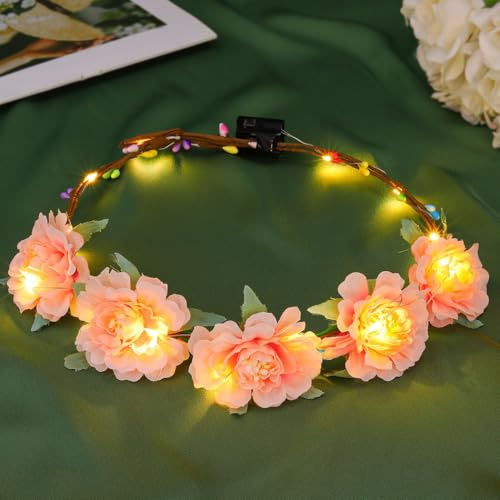 Zoestar Leuchtender Blumenstirnband, LED-Girlande, Krone, Stirnbänder, Brautschmuck, Blumen-Kopfschmuck, Festival-Haarkranz für Damen und Mädchen