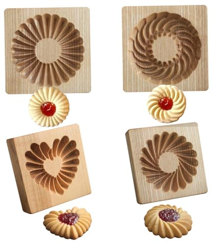 Stampi per biscotti in legno 4 pezzi Stampi per biscotti 3D a forma di cuore e fiore 4x4 pollici Timbri per antiaderenti lavabili e riutilizzabili per feste per in legno