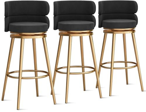 Stilvolle, schwarze gepolsterte Barhocker, 3er-Set, mit Rückenlehne und Metall-Fußstütze, moderner Drehhocker für Kücheninsel, verstellbare Höhe, 65 cm, 3 Stück