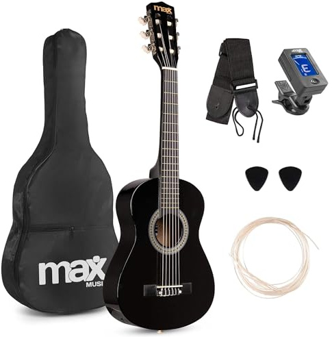 Max SoloArt Junior 1/4 Beginner Acoustic Guitar Starter Kit for Kids, Childrens Wooden Instrument Set with Accessories, Ideal Childrens Beginner Musical Gift, Black
