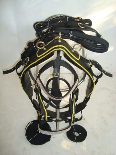 Premium Nylon Horse Cart Driving Harness Set, Complete Equestrian Tack with Reins and Bridle Pony, Cob, Full & Shetland Black/Yellow (Pony)