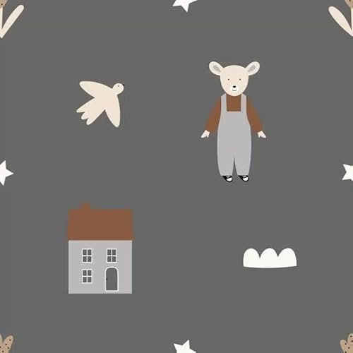 Kindertapete Boho Baby 14, Grau, Bär und Haus Design