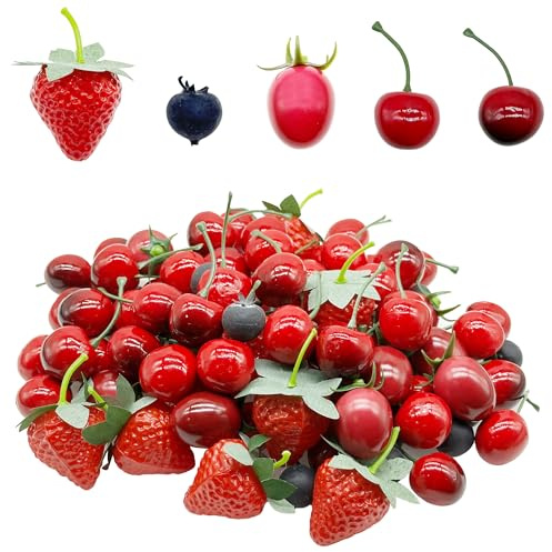 Attuslla 100 PCS Fake Fruit Set, Artificial Cherry Strawberry Blueberry, Decorative Fruit for Fruit Wine Decor Faux Fruit Props