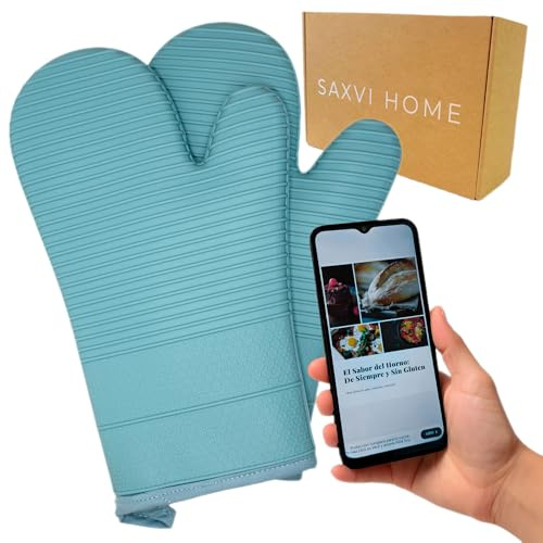 Set de 2 Guantes de Horno SAXVI Home – Manoplas Horno de Silicona Antideslizante con Forro Acolchado – Resistentes al Calor para Horno, Barbacoa y Cocina – con Recetario Descargable QR (Light Blue)