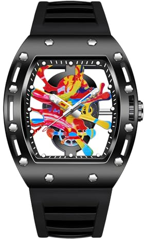 MASTOP Tonneau Herren-Armbanduhr, luxuriös, modisch, transparent, Hallowboden, BuPunk, Graffiti-Kunst-Zifferblatt, Hip-Hop, einzigartige Sport-Armbanduhr, japanisches Uhrwerk, leuchtendes Design mit