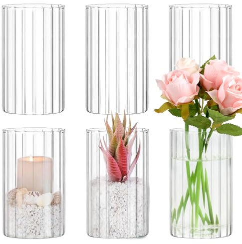6pcs Glass Cylinder Vases for Centerpieces, 6 Inch Tall Clear Ribbed Vases Bulk for Wedding Glass Floating Candle Holder for Dinner Table, Fireplace, Party, Home Decor