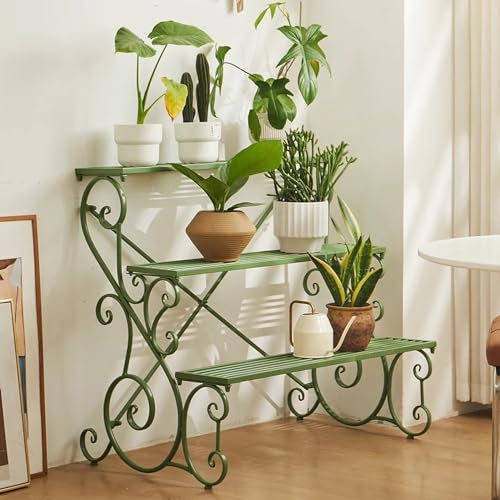 Support échelle en métal à 3 niveaux pour pot de fleurs - Étagère de présentation pour pot de fleurs pour intérieur/extérieur - Support autoportant pour la maison, le jardin, la terrasse et le balcon