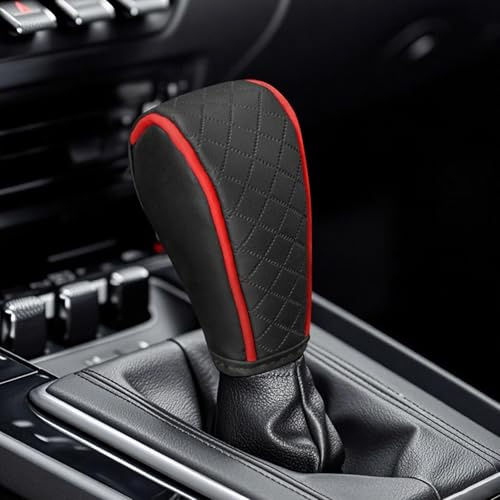 Car Gear Stick Cover, Faux Leather Car Shift Knob Cover, Anti-Slip Car Gear Shift Cover, Diamond Lattice Handbrake Covers, Car Shift Knob Protection, Universal Automotive Accessories (BlackRed)