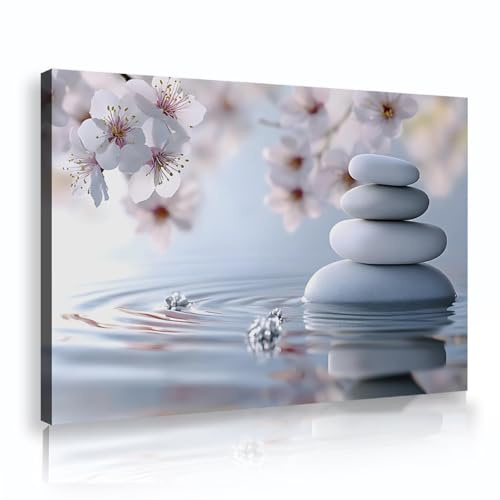 CHERHERART Hermosas flores de cerezo lienzo cuadros Impresiones tranquilas de piedra superficie de agua lienzo de arte de pared Póster para salón oficina spa casa 25x40cm marco interior
