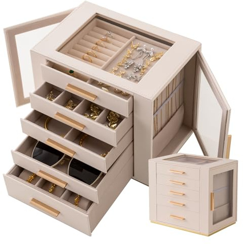 Granbest 5-Tier Jewellery Box with Glass Top, Large Capacity Jewellery Organiser with Drawers & Mirror, PU Leather Jewellery Storage Case for Necklaces, Earrings, Rings, Bracelets (Beige)