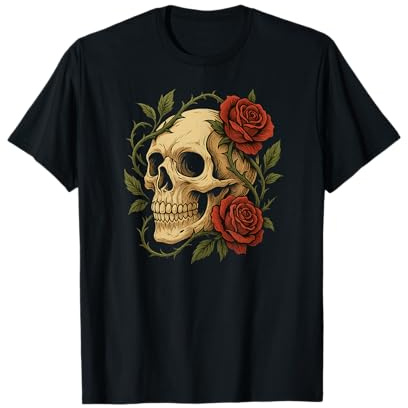 Teschio con Rose e Viti spinose, Design Gotico Maglietta