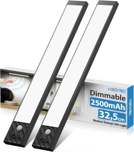 HIBOITEC 2500mAh Under Cupboard Kitchen Lights, 350Lumens＆Dimmable Wardrobe Lights Motion Sensor, USB-C Rechargeable Kitchen Under Cabinet Lighting, Magnetic ＆ Hanging Design Cupboard Lamp, Cool White