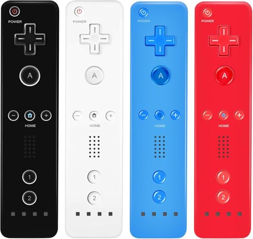 LeonDesigns Wii Controller 4er Pack - Wii Fernbedienung mit Silikonhülle und Handschlaufe - Schwarz/Weiß/Rot/Blau