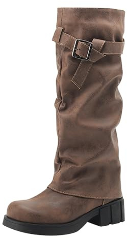Cowboystövlar dam höga ridstövlar dam breda vader, västerländska stövlar platåstövlar med blockklack vandringskängor bältesspänne traditionell stövlar cowgirl stövlar övergångsstövlar