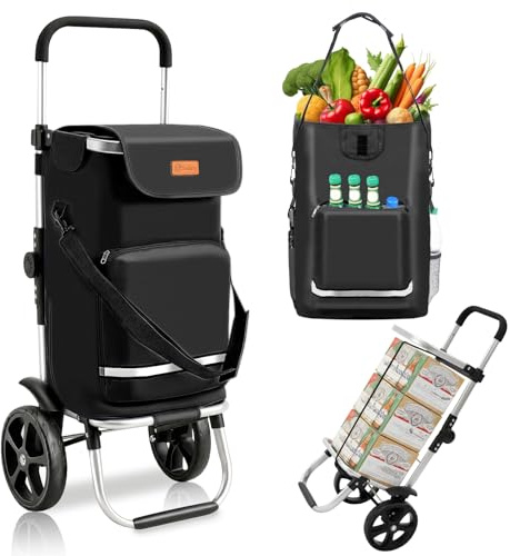 Sekey Einkaufstrolley faltbar 60L, 3-in-1 Einkaufswagen klappbar aus Aluminium, höhenverstellbarer Griff, mit Kühlfach und Getränkefach, extra groß für Einkauf & Camping, Schwarz