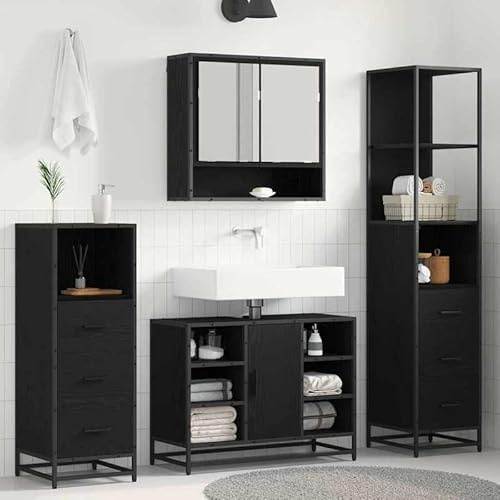 Bladez Badezimmerschrank 3-teilig Schwarz Eichen-Optik | Holzwerkstoff Möbel-Set für Bad | Stauraum Lösung | Modern & Langlebig