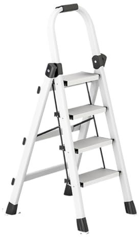 escalier de Grenier Escabeau 4 marches antidérapant et Large pédale, escabeau Pliable et Portable avec poignée, escabeau Haut et Robuste for la Cuisine Pliable(Wit,B)