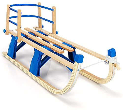 COSTWAY Schlitten klappbar, 116 cm Holzschlitten mit Rückenlehne, Kinderschlitten mit Leine & Griff, Klappschlitten, Davoser Schneeschlitten für Kinder