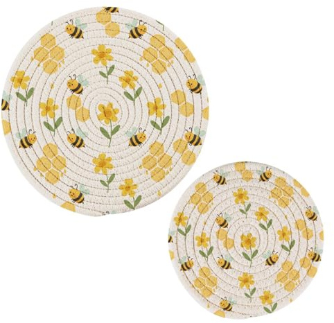 Bee Flower Kitchen Trivets Pot Holders Set of 2 for Pots Dishes Woven, Trivet Coaster Pad Mat for Counter