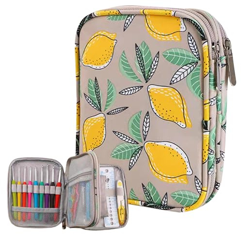GREATRICH Zitrone Gelbe Borsa Uncinetto Organizzata, Accessori per Borse Uncinetto con Doppia Cerniera, Astuccio Portatile per Ferri da Maglia Circolari e Attrezzi, 18x14x4cm