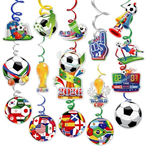 DPKOW 2026 Coupe du Monde Décorations Suspendus Tourbillons Serpentins Football 2026 Coupe du Monde Spirale à Suspendre Décorations de CDM Mondial Guirlandes Drapeaux Trophée Footballeur