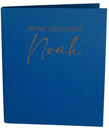 Striefchen® Personalisierte Zeugnismappe für Kinder mit Gravur – DIN A4 Ringordner mit Leinenstoff – 5 Farben – Name individuell gravierbar – Dokumentenmappe „Meine Zeugnisse“ (Blau)