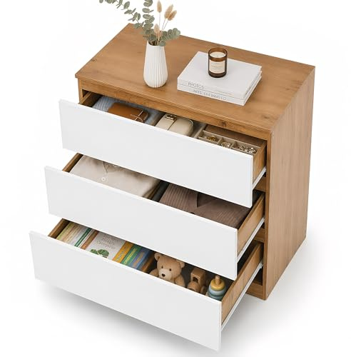 ZZINOKE Cassettiera Camera da Letto con 3 Cassetti, Cassettiera Armadio legno, Larghezza 70 cm, Adatta per Soggiorno, Camera da Letto, Cameretta dei Bambini, Ufficio, Bianco/Rovere, 70×40×75 cm
