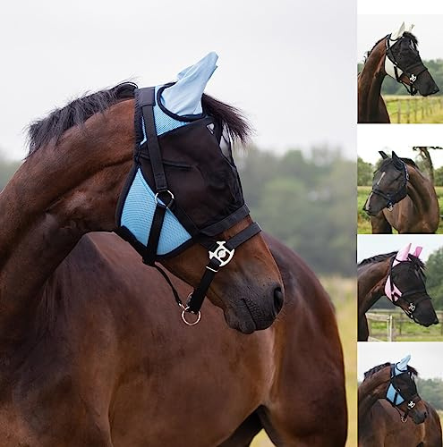 netproshop Fliegenmaske mit Abnehmbarem Nüsternschutz Fliegenhaube Größe Mini-XFull, Groesse:Pony, Farbe:Schwarz/Hellblau