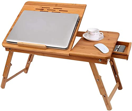 BATHWA Scrivania per Laptop in bambù, Vassoio da Letto Portatile Regolabile per servire la Colazione con cassetto Superiore inclinabile
