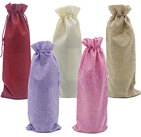 HRX Package 10 Stück Flaschentasche Jutesack, Weintasche Jutesäckchen Flaschentasche mit Kordelzug für Hochzeit, Party, Gastgeschenk (5 Farben)