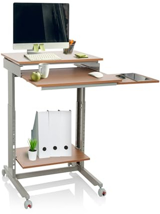 hjh OFFICE 830020 Schreibtisch Workstation Buche/Grau Stehpult Home-Office, höhenverstellbar mit Rollen, Tastaturauszug