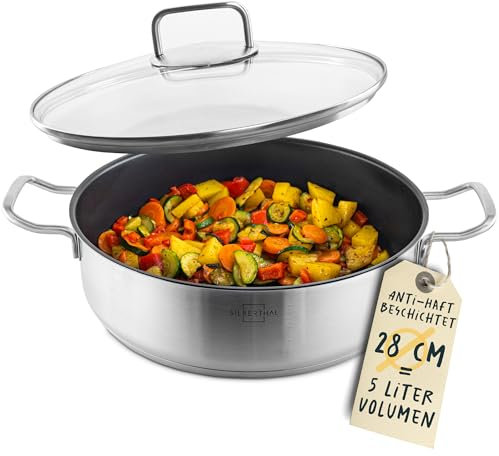 SILBERTHAL Schmorpfanne 28 cm hoher Rand - Beschichtete Servierpfanne mit Deckel - Backofengeeignet bis zu 250° - Induktionsgeeignet - 5l