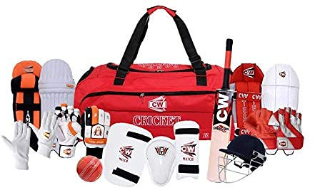 CW Championship Cricket Kit für Herren Full Size Cricket Kit Set English Willow Cricket Kit Full Set Cricket Kit Tasche Full Size Erwachsene Set Senior Kit - Rot Schwarz Weiß