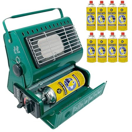 Portable Gas Heater + 8 Butane Gas Bottles Canisters - For Outdoor Camping, Hiking, Fishing, Caravan & Skiing Trips - Emergency, Safety Grill, Auto Ignition, Carry Handle & Temp Control