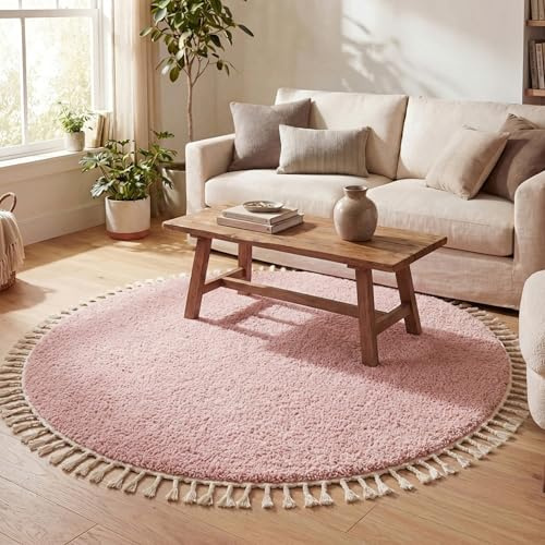 FRAAI | Home & Living Teppich Hochflor Rund - Lofty Fringe Rosa - Ø 150 cm