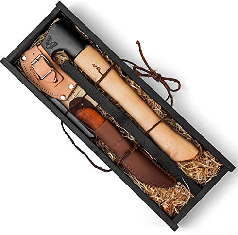 Roselli R860RW210P Geschenkset, Axt mit kurzem Stiel & UHC Tischler-Messer, inkl. Schleifstein, das Rundum-Paket für Holz-Bearbeitung, Schnitzen, Outdoor & Bushcraft