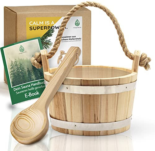 CozyNature® Sauna Eimer mit Kelle aus hochwertigem finnischen Kiefern-Holz | edle Metallringe - kräftiges Hanfseil und Kunstoffeinsatz | 100% handgefertigt - traditionelles Design | 4 Liter mit E-Book