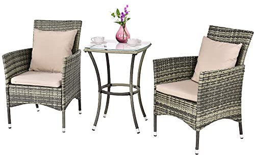 GIANTEX Balkonmöbel Kleiner Balkon, Rattan Gartenmöbel Set Bistrotisch mit 2 Stühlen, Balkonmöbel Set 3 teilig inkl. Kissen, Balkon Möbel für kleinenBalkon, Balkonset 2 Stühle 1 Tisch für 2 Personen
