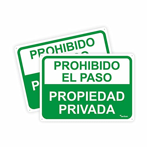 Señal propiedad privada – prohibido el paso- 35 x 25 cm – color verde o rojo – fabricado en dibond duro y resistente – con agujeros de sujeción. (Verde)