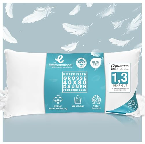 Sandaro Home Kissen 40x80 Daunen-Federnkissen 3 Kammern (750gramm)- Öko-Tex Zertifiziert | Kopfkissen 40x80 100% Naturprodukt in reinem Baumwollbezug, Ultra Comfort Sleeping Pillow