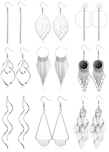 JeweBella 9 Pares Pendientes Colgantes para Mujer Niña Plata/Oro Acero Inoxidable Pendientes Hipoalergenicos Largos Pendientes de Borla Hoja Ola Joyería de Moda