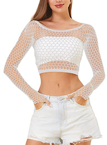 LEMON GIRL - Maglia a rete da donna, a maniche lunghe, babydoll, taglia unica, taglia 38-48, Bianco, taglia unica