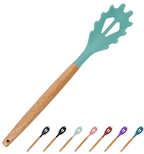Cuillère à spaghetti en silicone vert, fourchette à pâtes de 32,6 cm avec poignée en bois, cuillère à nouilles pour la cuisine, sans BPA